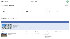 Xello Family account with the College applications page open. The Enrollment decision banner indicates a decision has been made